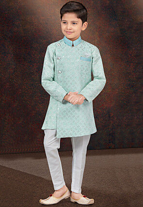 Embroidered Art Silk Jacquard Sherwani in Sea Green