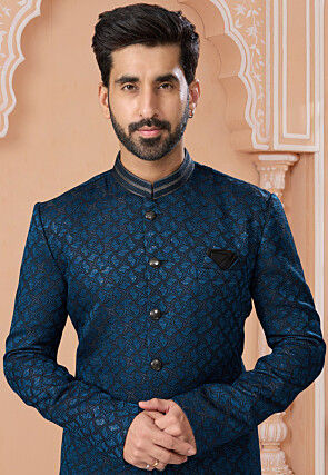 Embroidered Art Silk Jacquard Sherwani in Teal Blue