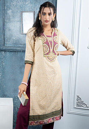 Embroidered Art Silk Jacquard Straight Kurta in Beige
