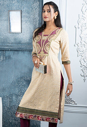 Embroidered Art Silk Jacquard Straight Kurta in Beige