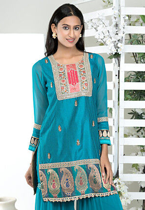 Embroidered Art Silk Jacquard Straight Kurta in Blue
