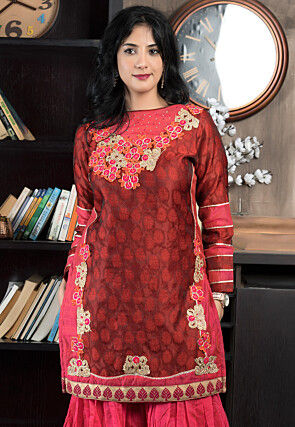 Embroidered Art Silk Jacquard Straight Kurta in Maroon