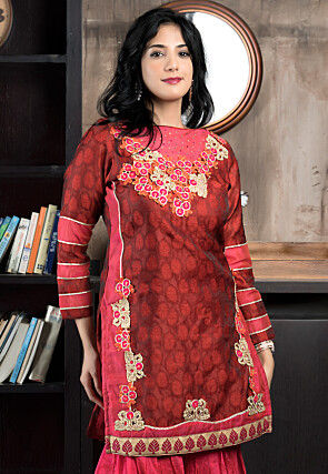 Embroidered Art Silk Jacquard Straight Kurta in Maroon