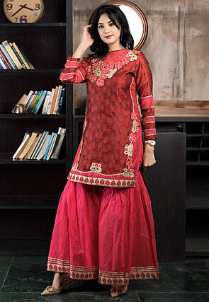 Embroidered Art Silk Jacquard Straight Kurta in Maroon