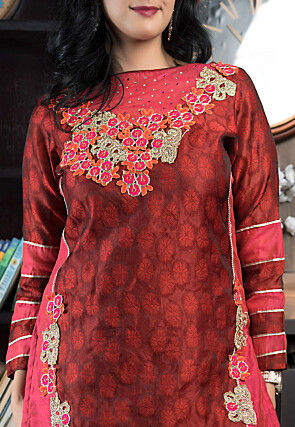 Embroidered Art Silk Jacquard Straight Kurta in Maroon