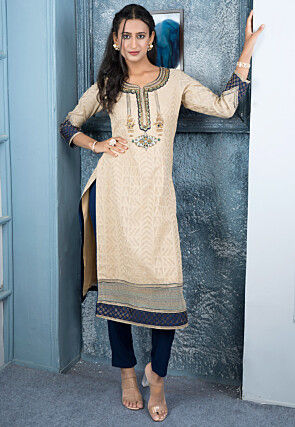 Embroidered Art Silk Jacquard Straight Kurta Set in Beige
