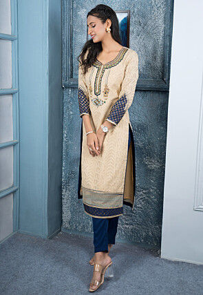 Embroidered Art Silk Jacquard Straight Kurta Set in Beige