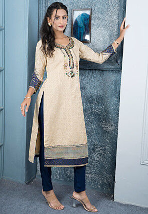 Embroidered Art Silk Jacquard Straight Kurta Set in Beige