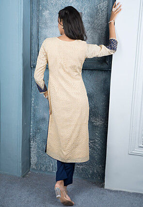 Embroidered Art Silk Jacquard Straight Kurta Set in Beige