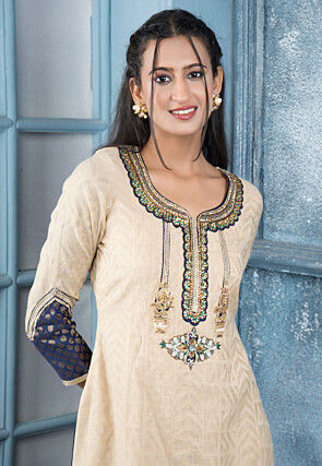 Embroidered Art Silk Jacquard Straight Kurta Set in Beige