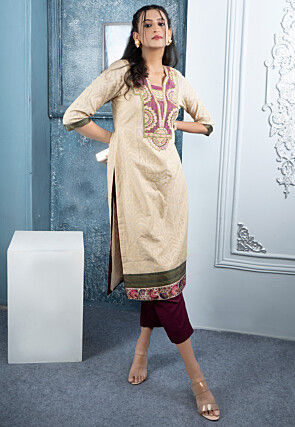 Embroidered Art Silk Jacquard Straight Kurta Set in Beige