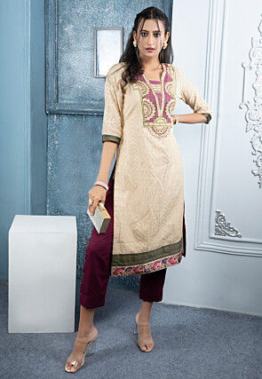Embroidered Art Silk Jacquard Straight Kurta Set in Beige