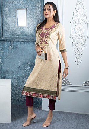 Embroidered Art Silk Jacquard Straight Kurta Set in Beige