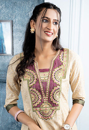 Embroidered Art Silk Jacquard Straight Kurta Set in Beige