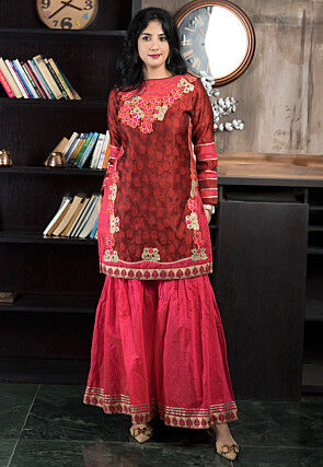 Embroidered Art Silk Jacquard Straight Kurta Set in Maroon