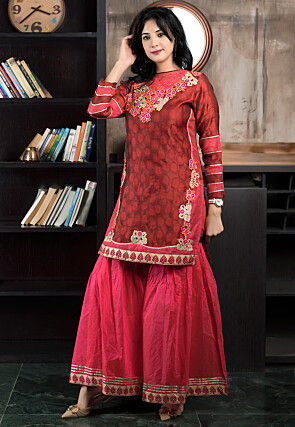 Embroidered Art Silk Jacquard Straight Kurta Set in Maroon