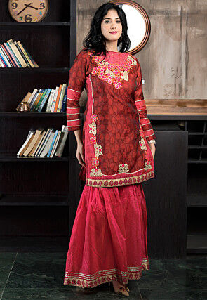 Embroidered Art Silk Jacquard Straight Kurta Set in Maroon