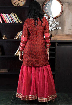 Embroidered Art Silk Jacquard Straight Kurta Set in Maroon