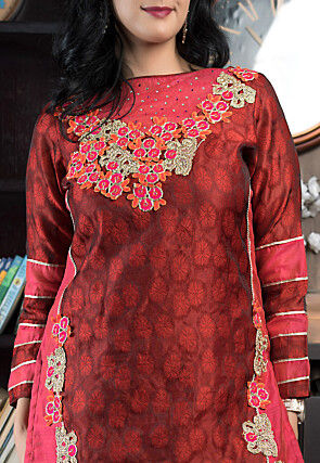 Embroidered Art Silk Jacquard Straight Kurta Set in Maroon
