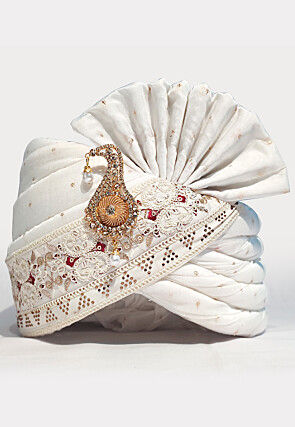Embroidered Art Silk Jacquard Turban in White