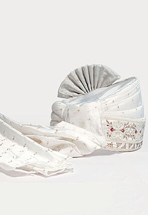 Embroidered Art Silk Jacquard Turban in White