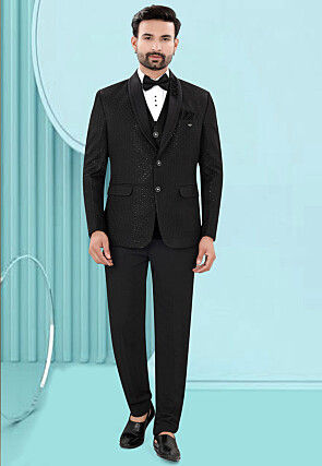 Embroidered Art Silk Jacquard Tuxedo in Black