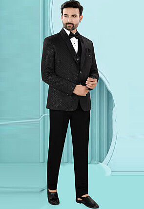 Embroidered Art Silk Jacquard Tuxedo in Black