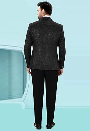 Embroidered Art Silk Jacquard Tuxedo in Black