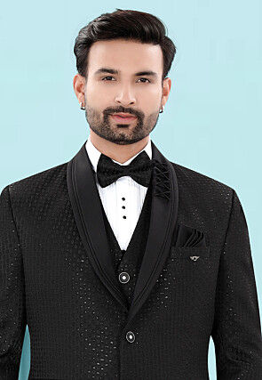 Embroidered Art Silk Jacquard Tuxedo in Black
