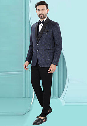 Embroidered Art Silk Jacquard Tuxedo in Blue