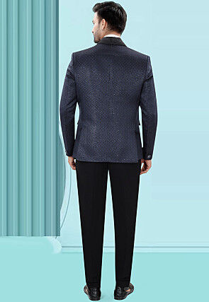 Embroidered Art Silk Jacquard Tuxedo in Blue