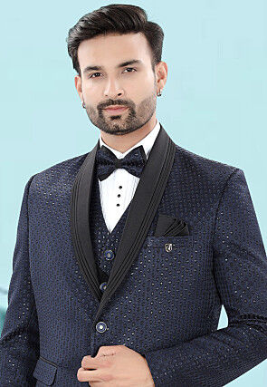 Embroidered Art Silk Jacquard Tuxedo in Blue