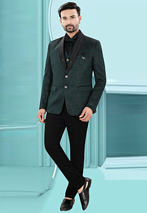 Embroidered Art Silk Jacquard Tuxedo in Dark Green
