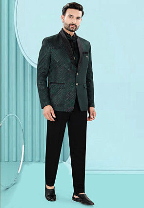 Embroidered Art Silk Jacquard Tuxedo in Dark Green