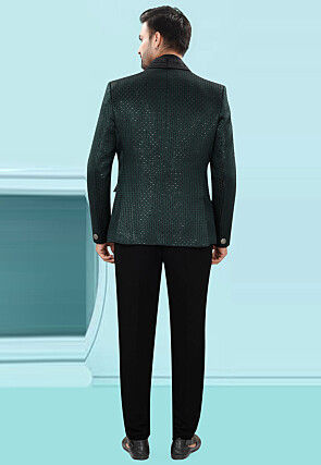 Embroidered Art Silk Jacquard Tuxedo in Dark Green