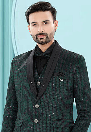 Embroidered Art Silk Jacquard Tuxedo in Dark Green