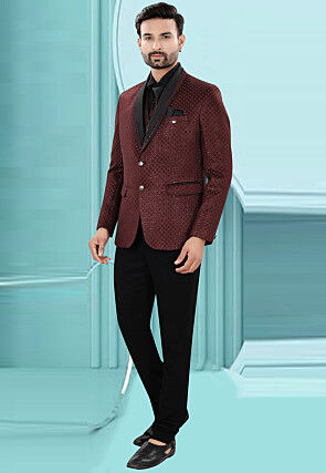 Embroidered Art Silk Jacquard Tuxedo in Maroon