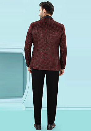 Embroidered Art Silk Jacquard Tuxedo in Maroon