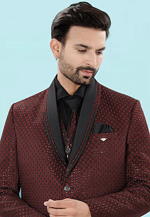 Embroidered Art Silk Jacquard Tuxedo in Maroon