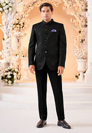 Embroidered Art Silk Jodhpuri Jacket in Black