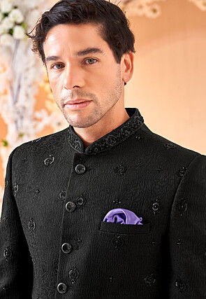 Embroidered Art Silk Jodhpuri Jacket in Black