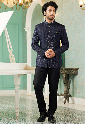 Violet Gold Designer Brocade Half Jodhpuri Jacket With Kurta Pajama Se –  Rajanyas