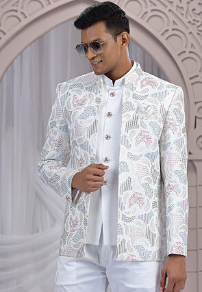 Embroidered Art Silk Jodhpuri Jacket in Off White