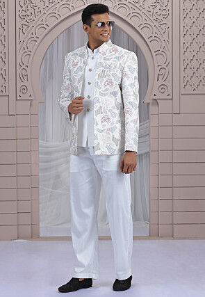 Embroidered Art Silk Jodhpuri Jacket in Off White