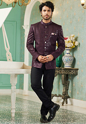 Embroidered Art Silk Jodhpuri Jacket in Wine