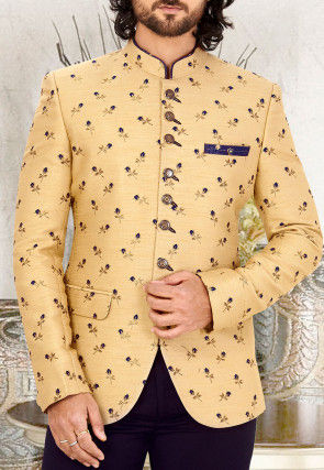 Embroidered Art Silk Jodhpuri Suit in Beige