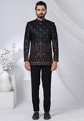 Embroidered Art Silk Jodhpuri Suit in Black
