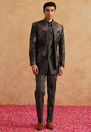 Embroidered Art Silk Jodhpuri Suit in Charcoal Black