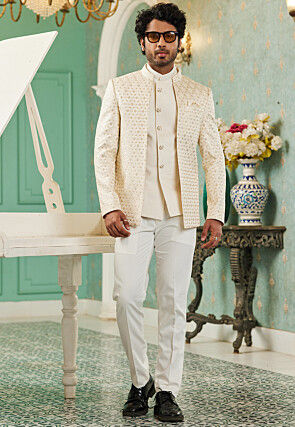 Embroidered Art Silk Jodhpuri Suit in Cream