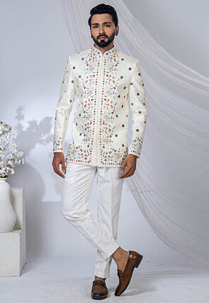 Embroidered Art Silk Jodhpuri Suit in Cream